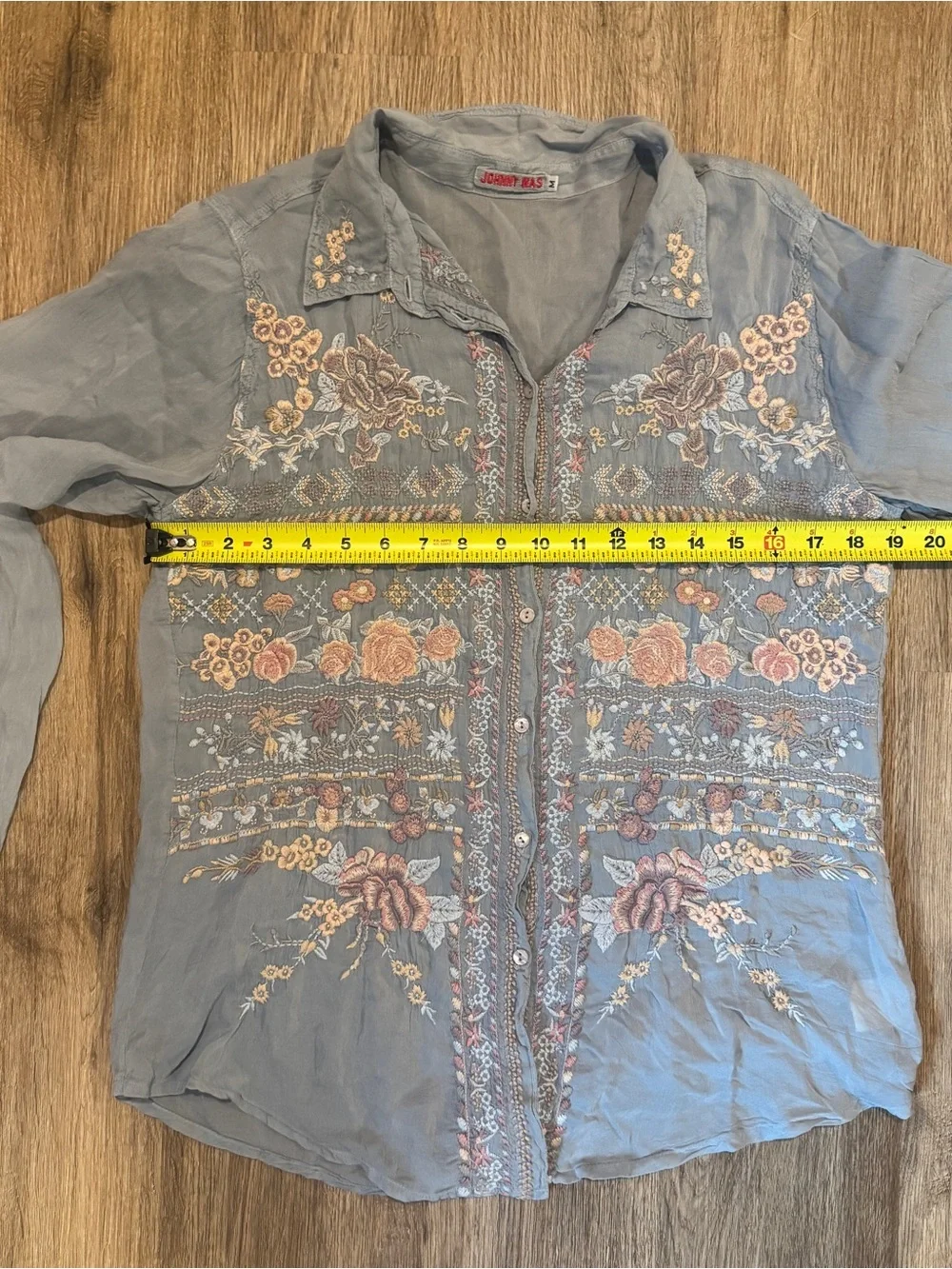 Johnny Was Gray Embroidered Button-Down Shirt with Pastel Floral Accents - Picture 5 of 5